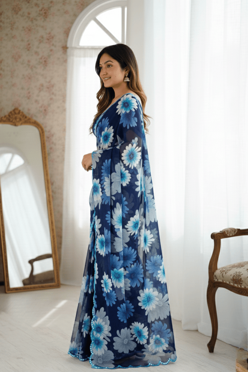 Blue Floral Printed Georgette Saree