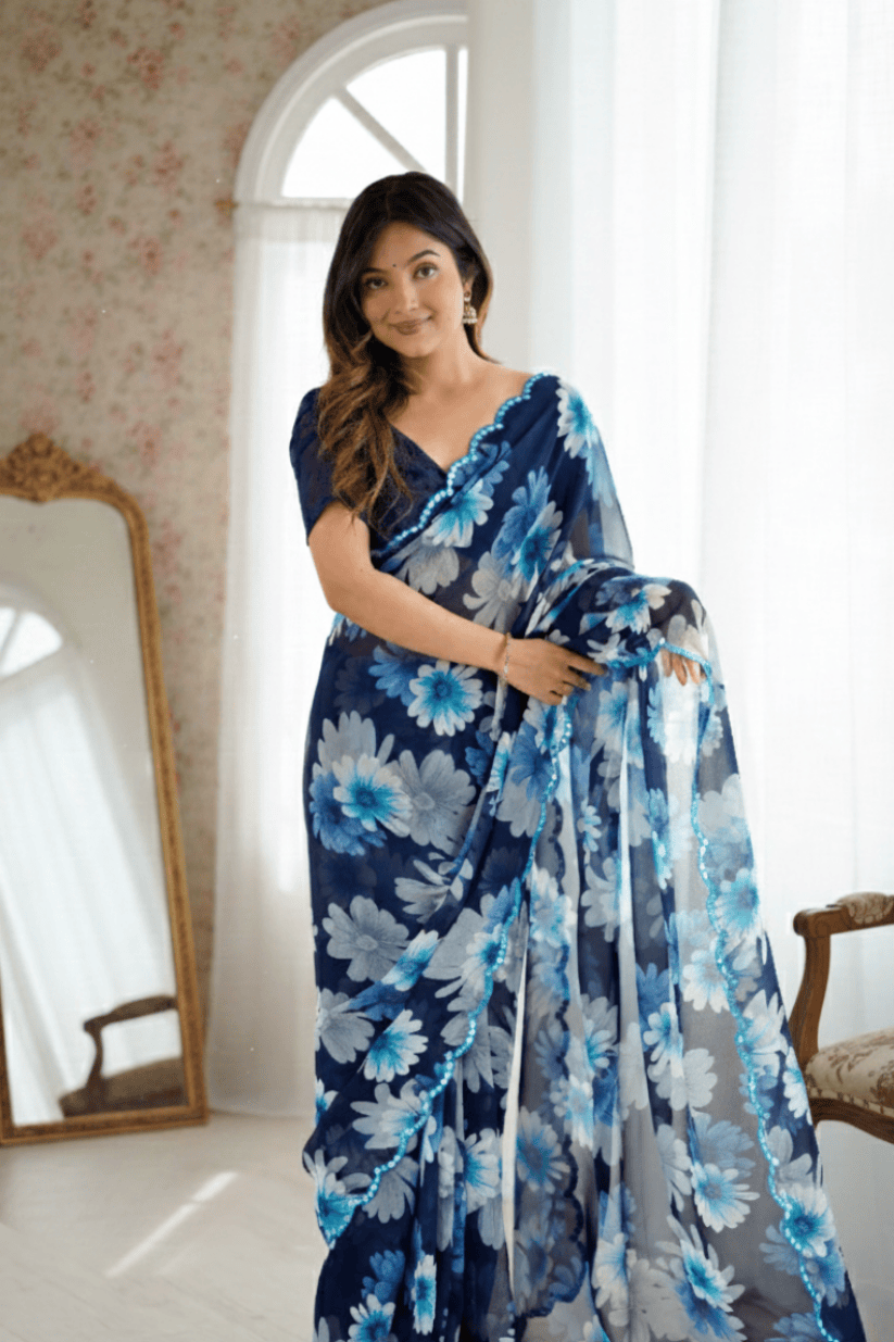 Blue Floral Printed Georgette Saree