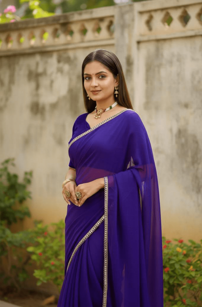 Royal Blue Mirror Lace Georgette Saree