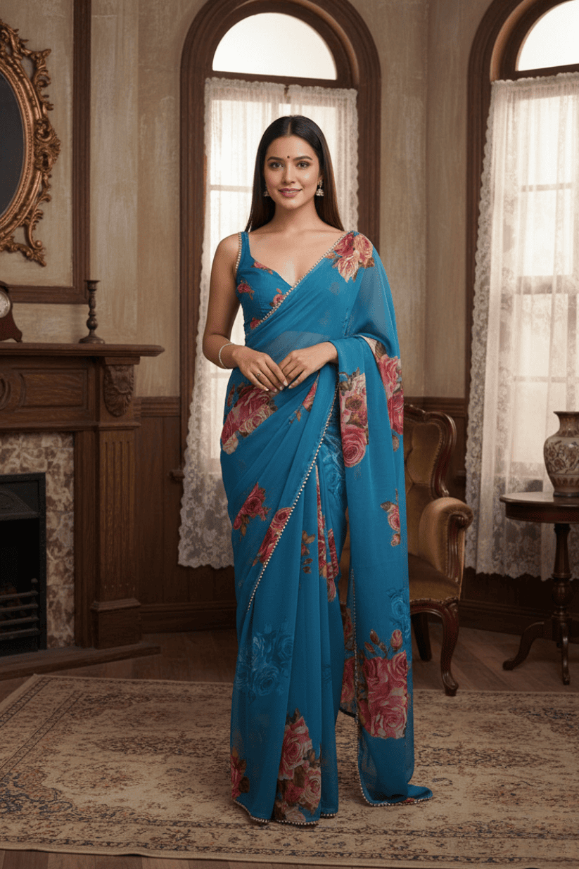 Blue Printed Georgette Lace Saree