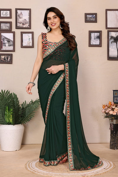 Bottle Green Georgette Lace Border Saree