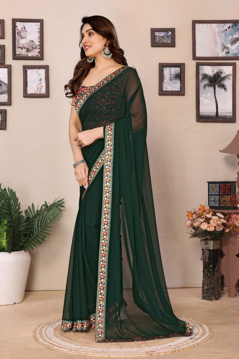 Bottle Green Georgette Lace Border Saree