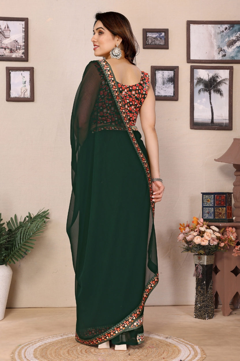 Bottle Green Georgette Lace Border Saree