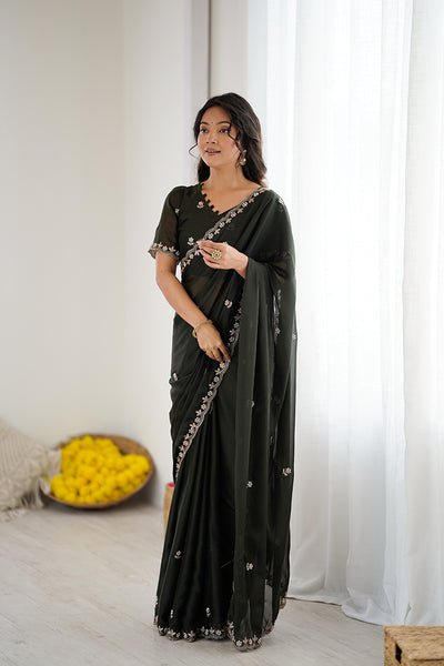 Bottle Green Embroidered Georgette Lace Saree