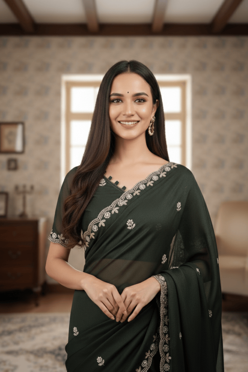 Bottle Green Embroidered Georgette Lace Saree