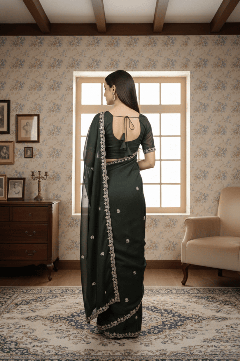 Bottle Green Embroidered Georgette Lace Saree