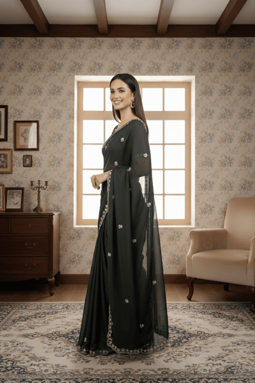 Bottle Green Embroidered Georgette Lace Saree