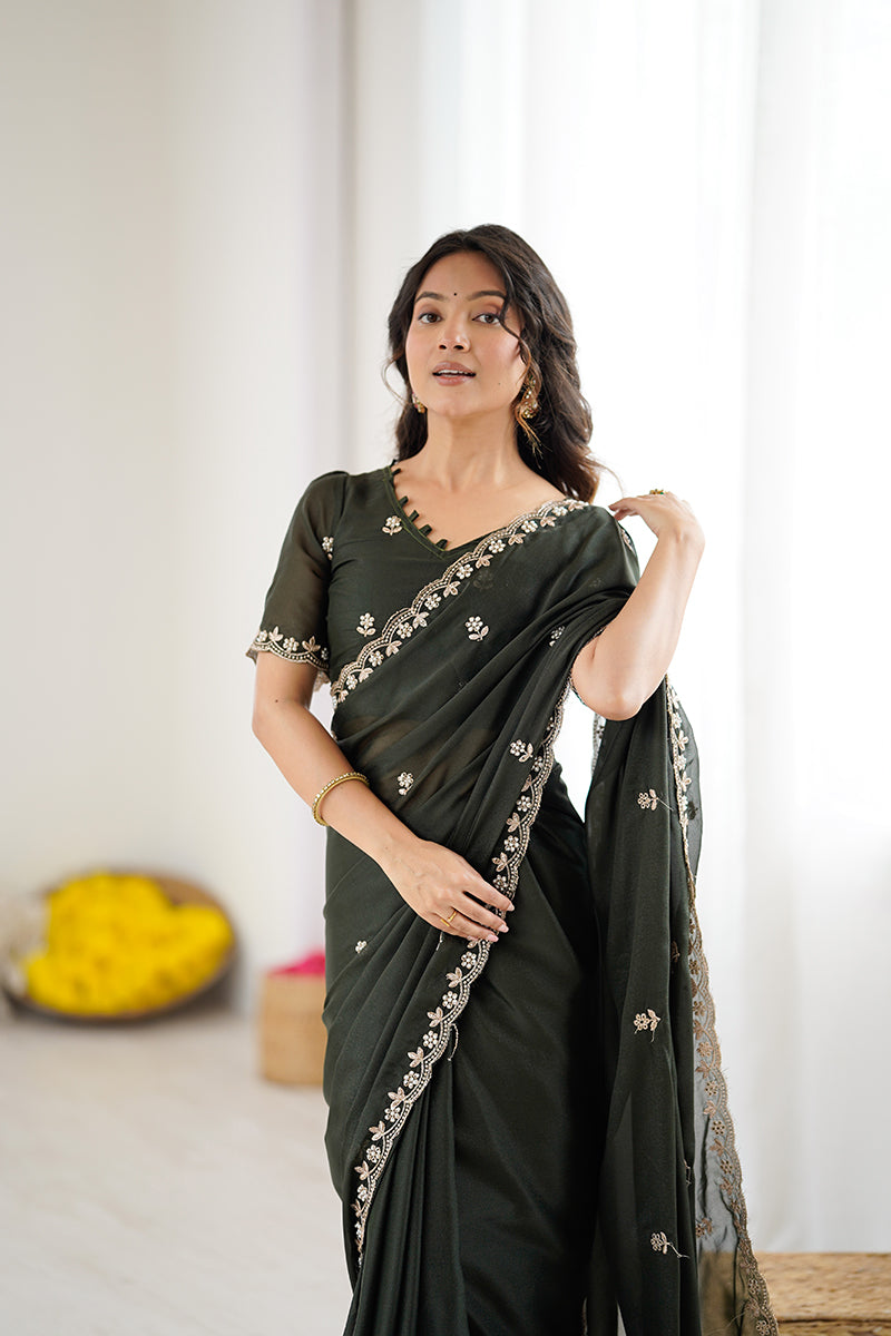 Bottle Green Embroidered Georgette Lace Saree
