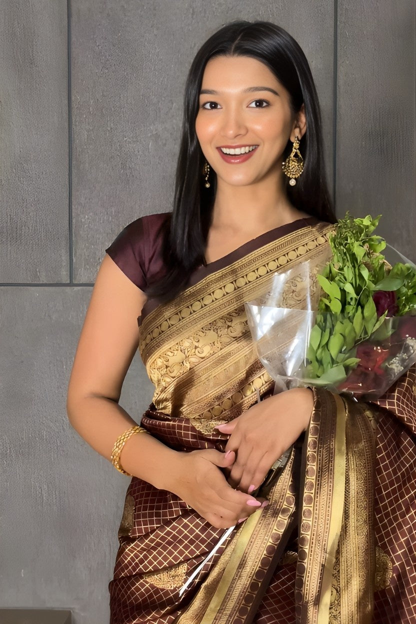 Brown Checkered Silk Blend Saree