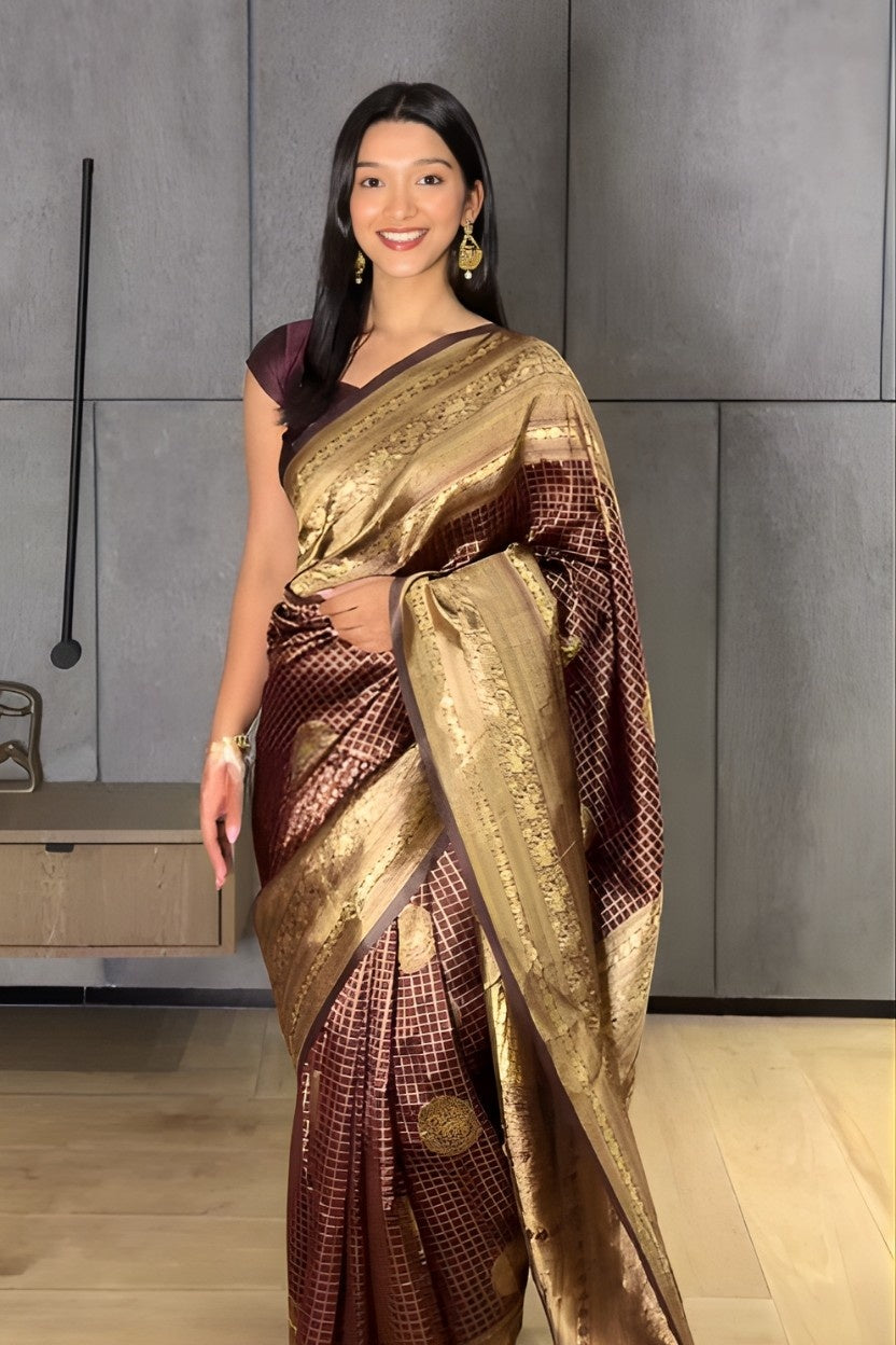 Brown Checkered Silk Blend Saree