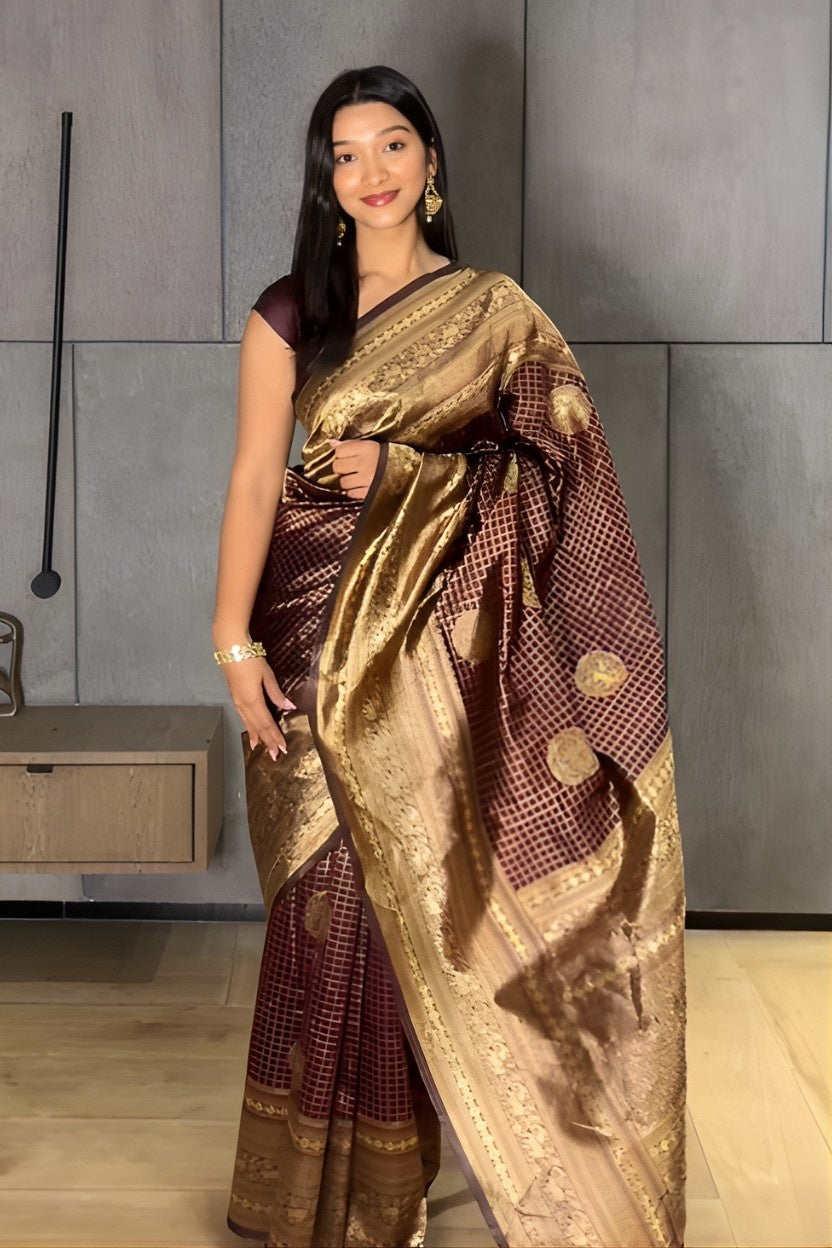 Brown Checkered Silk Blend Saree
