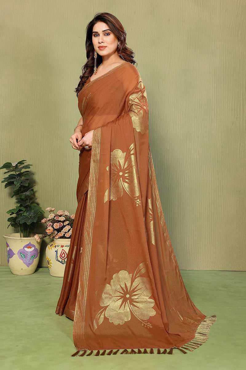 Brown Foil Printed Georgette Saree