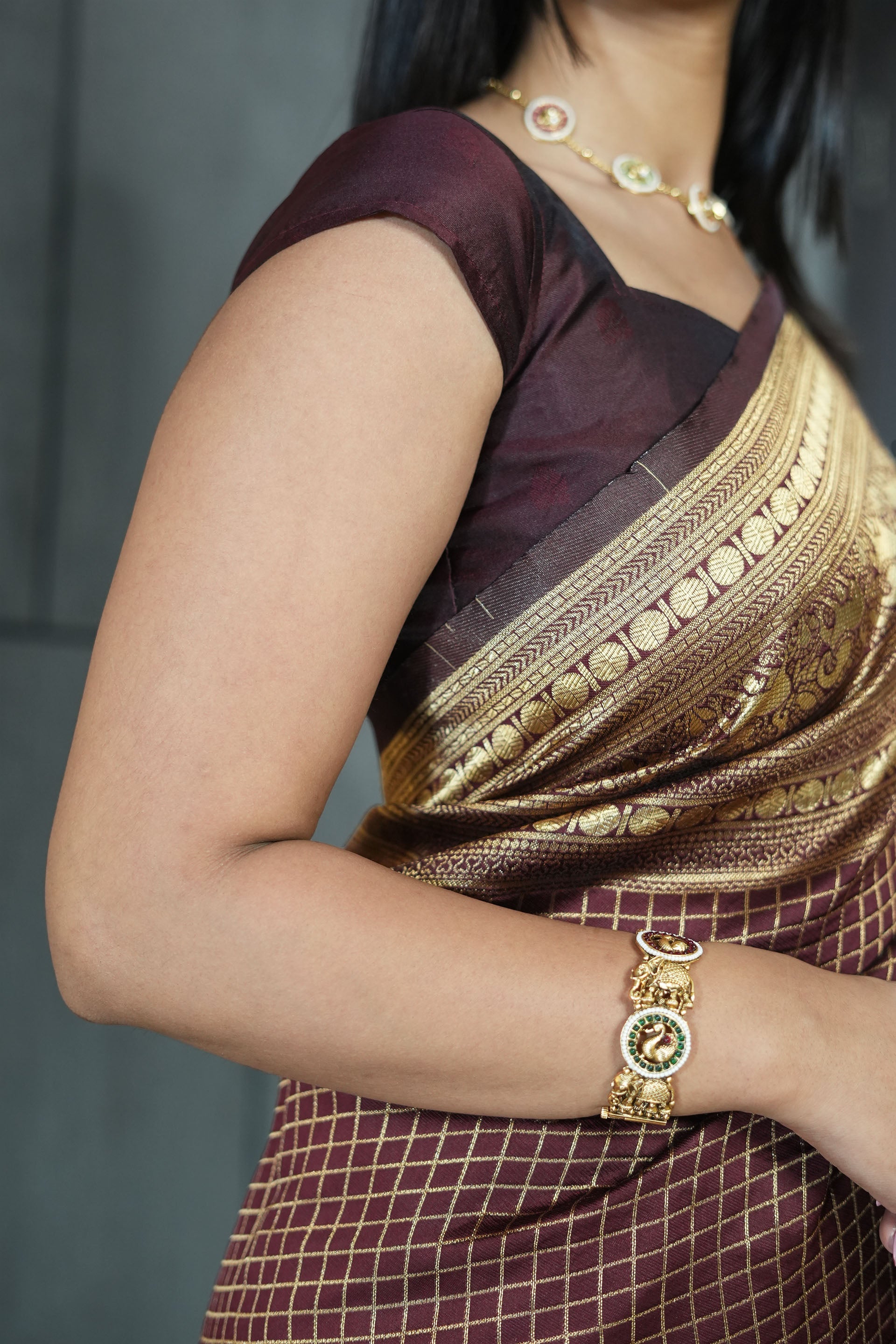 Brown Checkered Silk Blend Saree