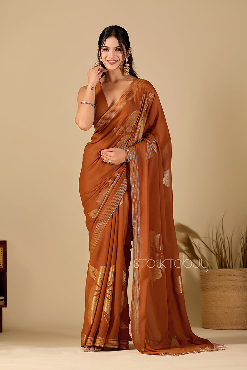 Brown Foil Printed Georgette Saree