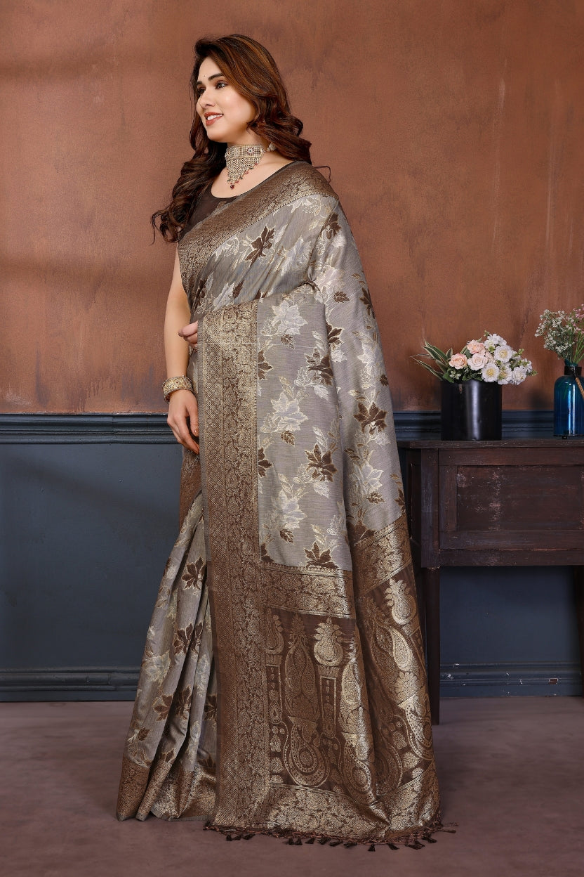 Brown Lotus Cotton Blend Jacquard Zari Saree