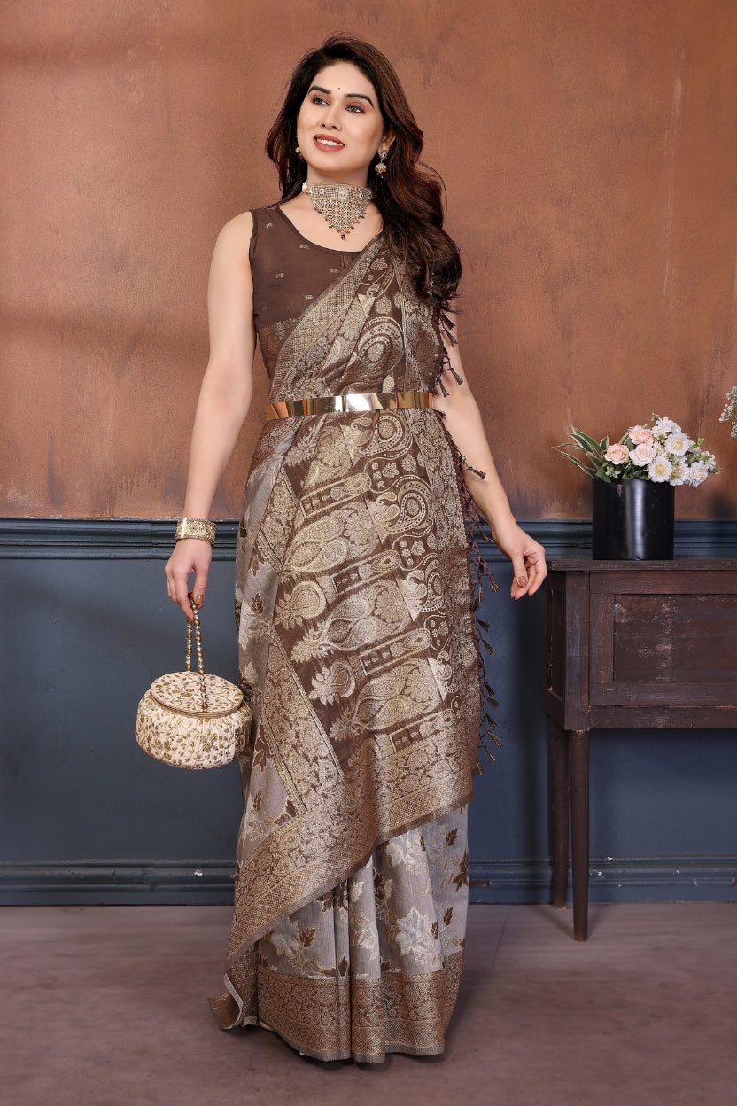 Brown Lotus Cotton Blend Jacquard Zari Saree
