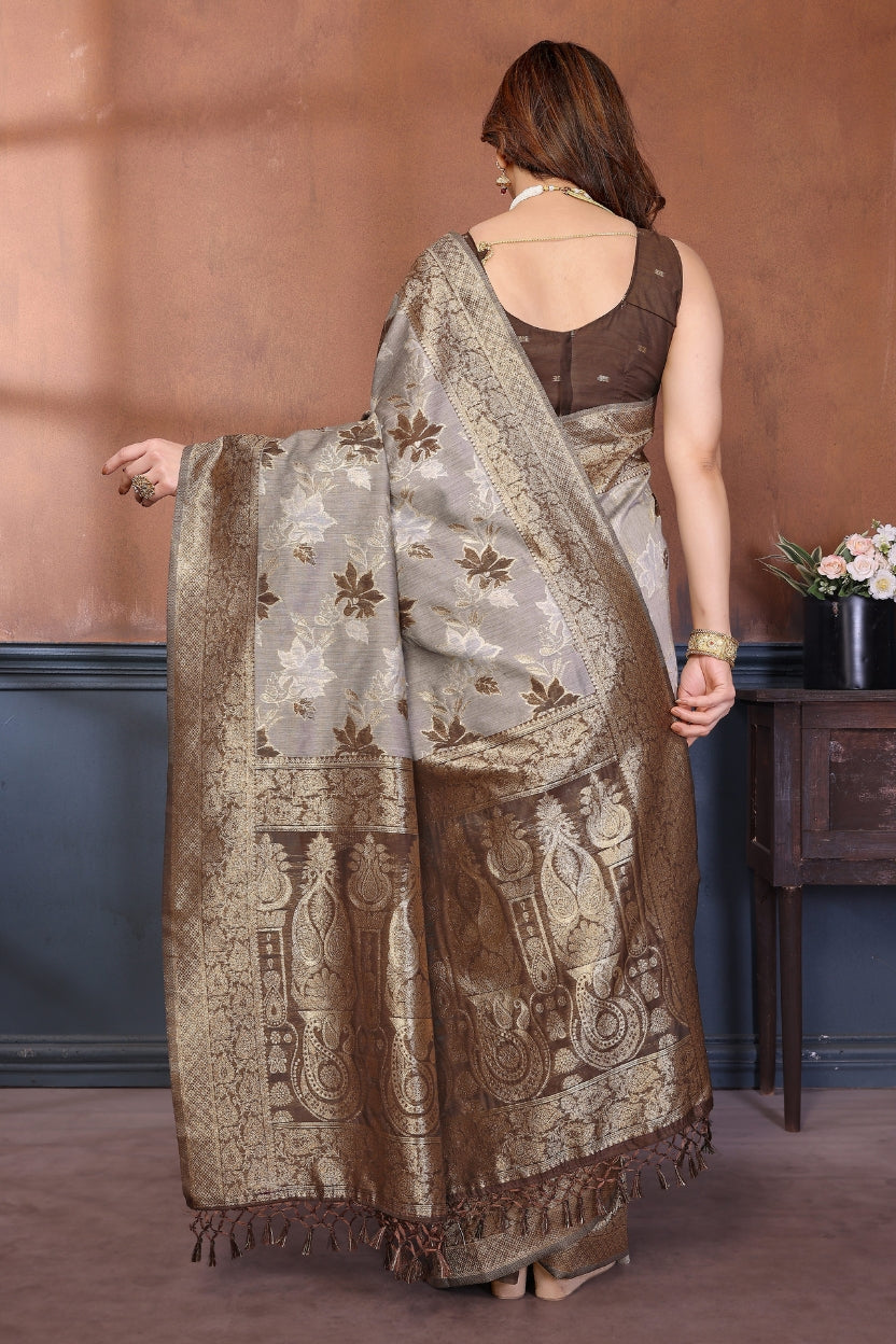 Brown Lotus Cotton Blend Jacquard Zari Saree