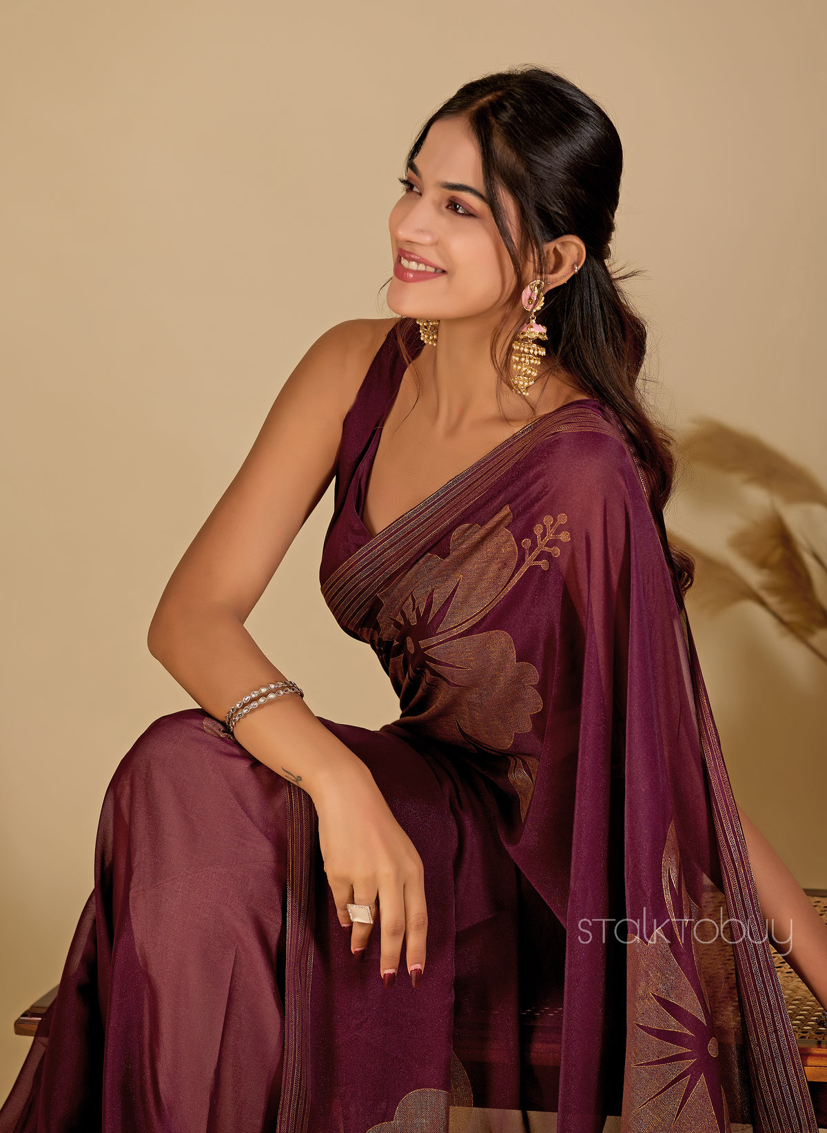 Burgundy  Foil Printed Georgette Saree