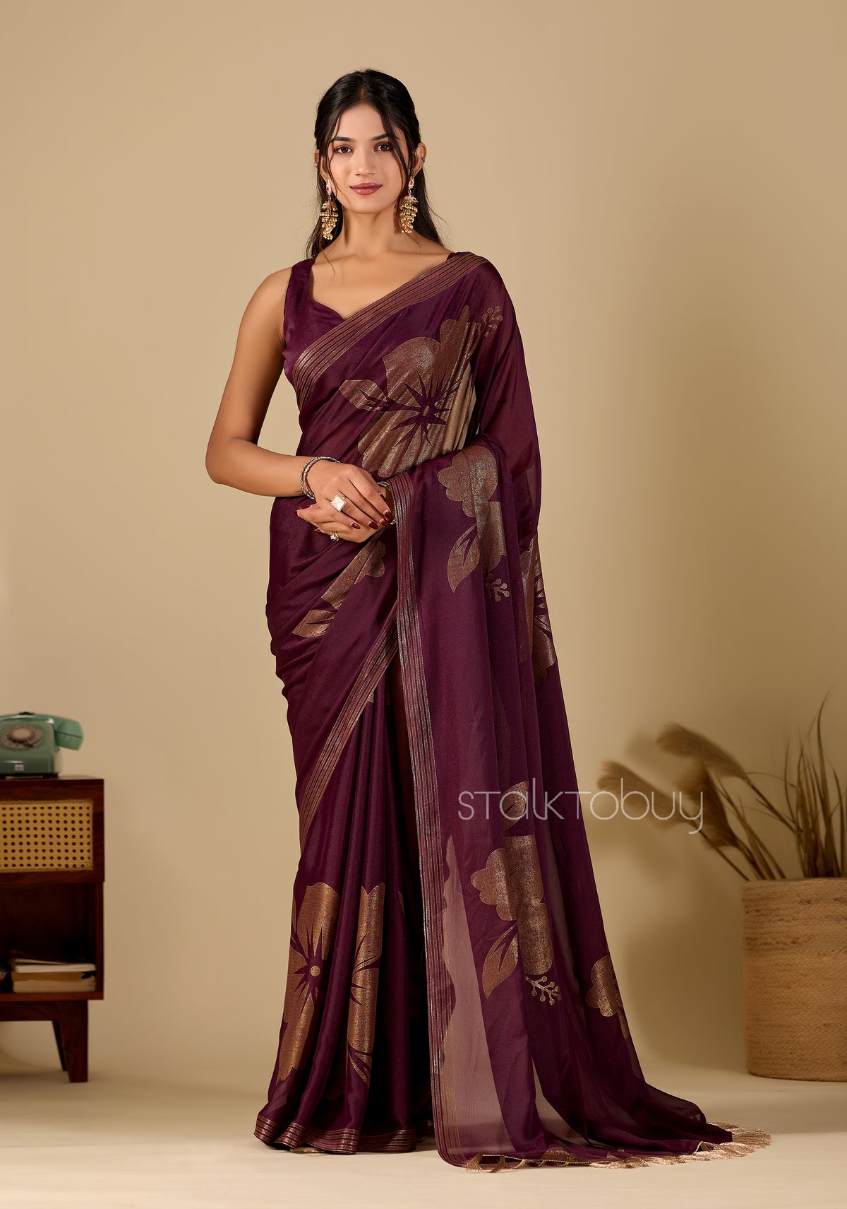 Burgundy  Foil Printed Georgette Saree