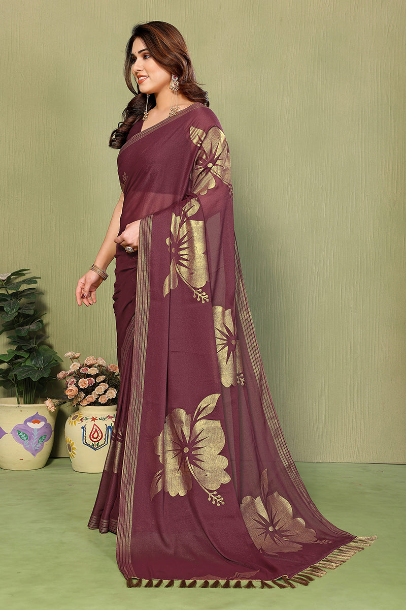 Burgundy  Foil Printed Georgette Saree