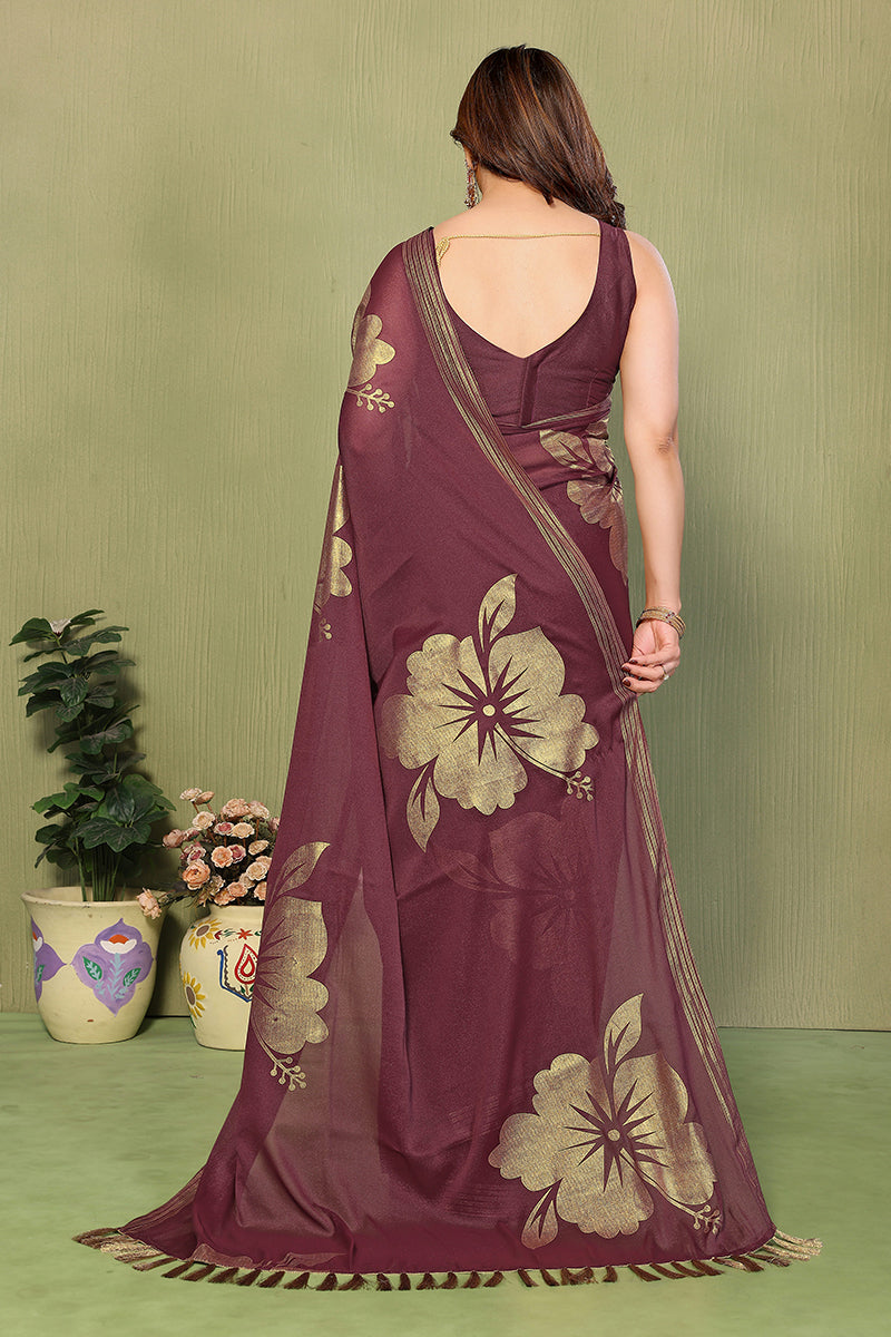 Burgundy  Foil Printed Georgette Saree