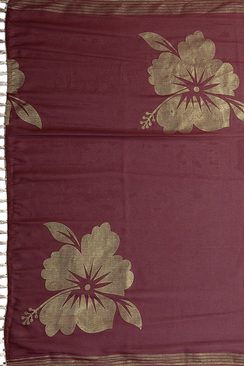 Burgundy  Foil Printed Georgette Saree
