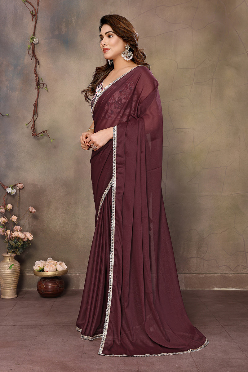 Burgundy Solid Plain Georgette Saree