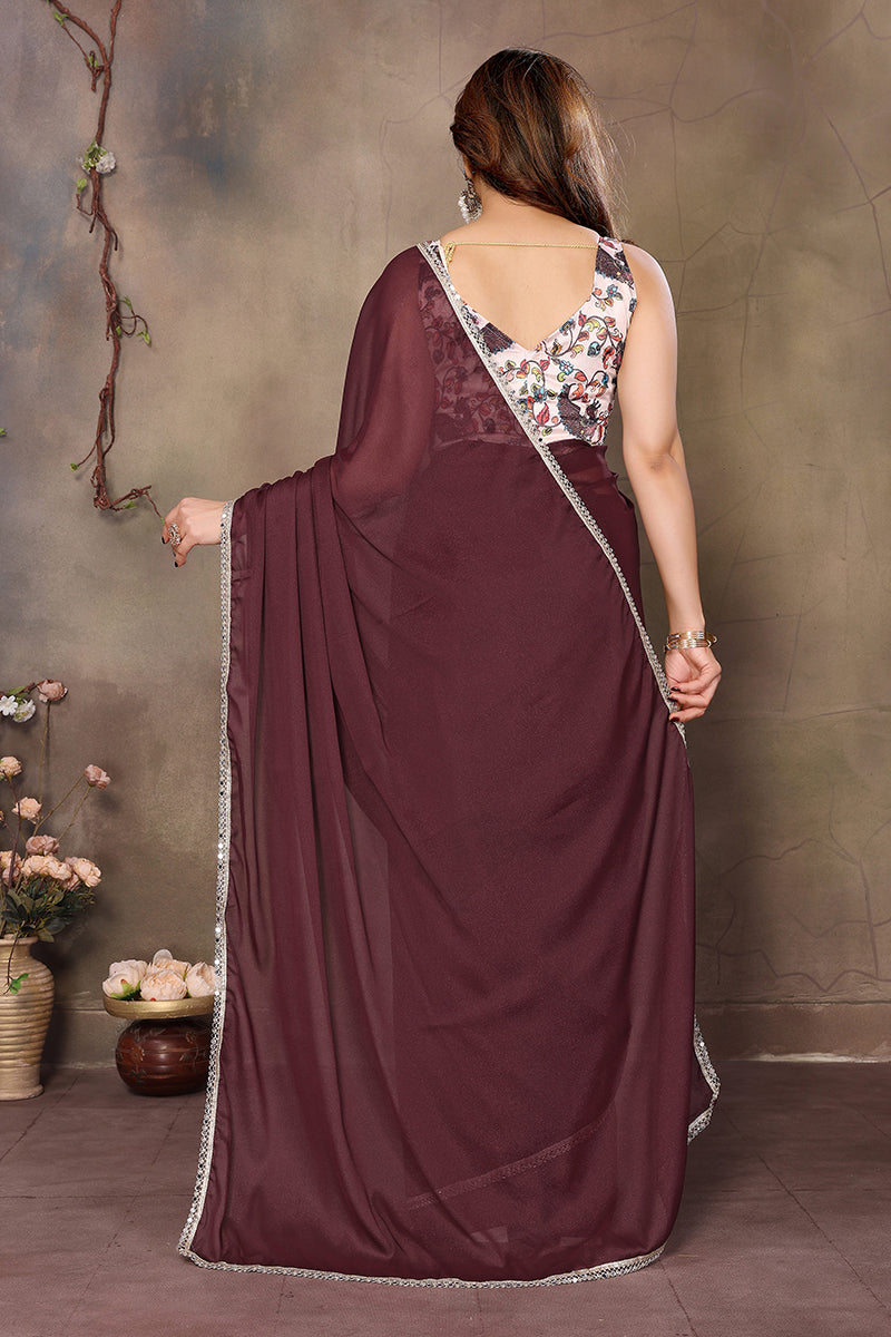 Burgundy Solid Plain Georgette Saree