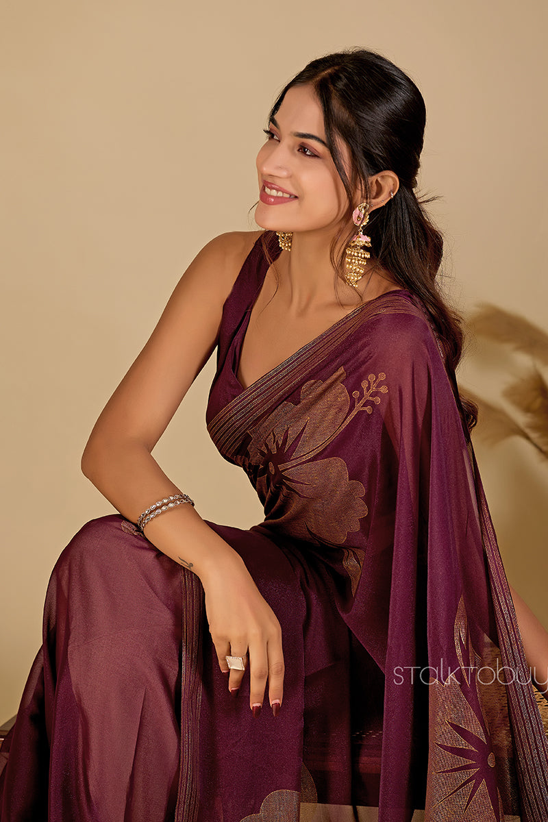 Burgundy  Foil Printed Georgette Saree