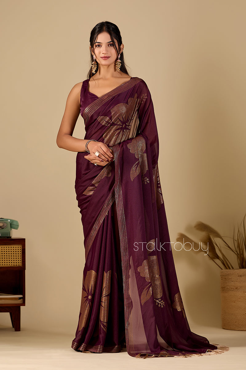 Burgundy  Foil Printed Georgette Saree