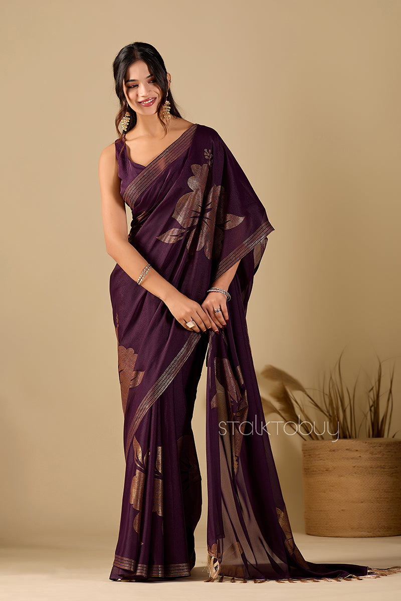 Burgundy  Foil Printed Georgette Saree