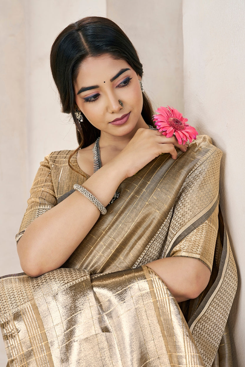 Champagne Gold Linen Cotton Saree