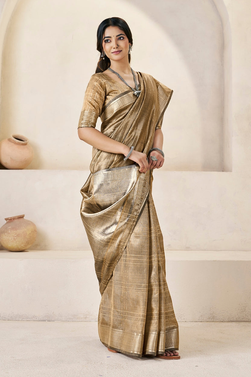 Champagne Gold Linen Cotton Saree