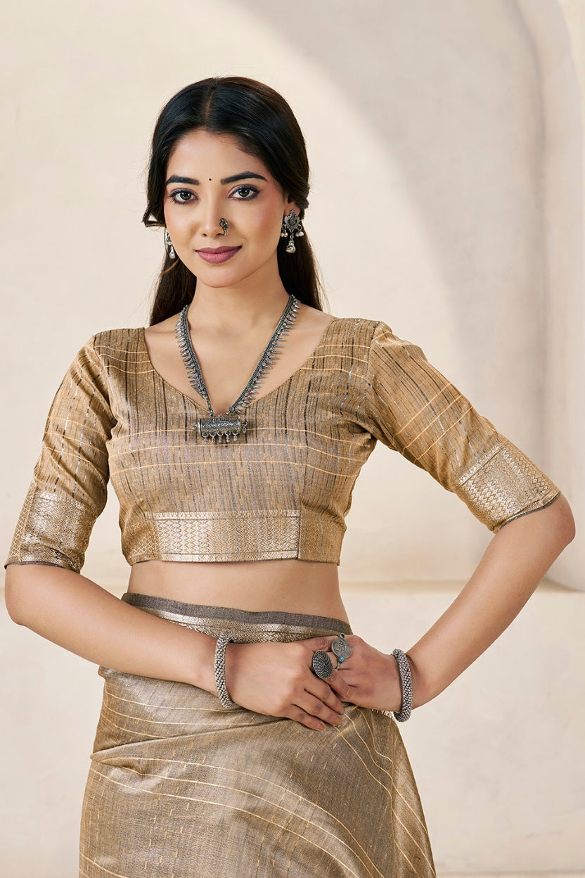 Champagne Gold Linen Cotton Saree
