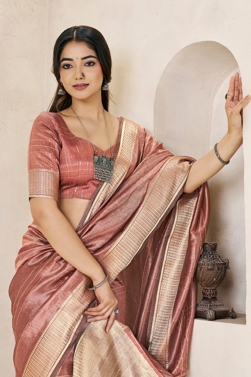Copper Pink Linen Cotton Saree