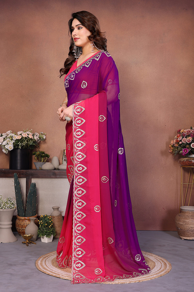 Magenta Georgette Embroidered Saree