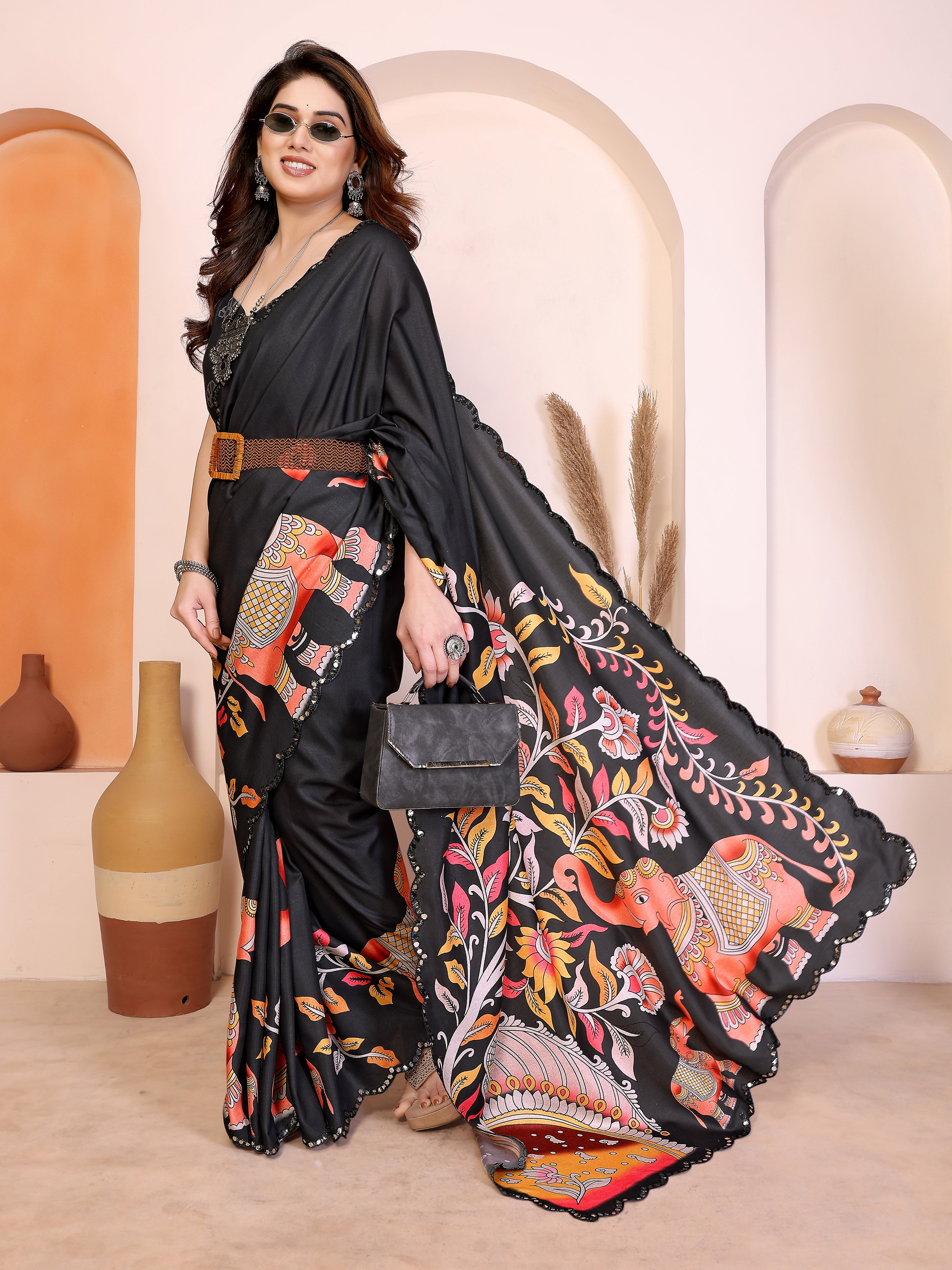 Black Kalamkari Printed Saree