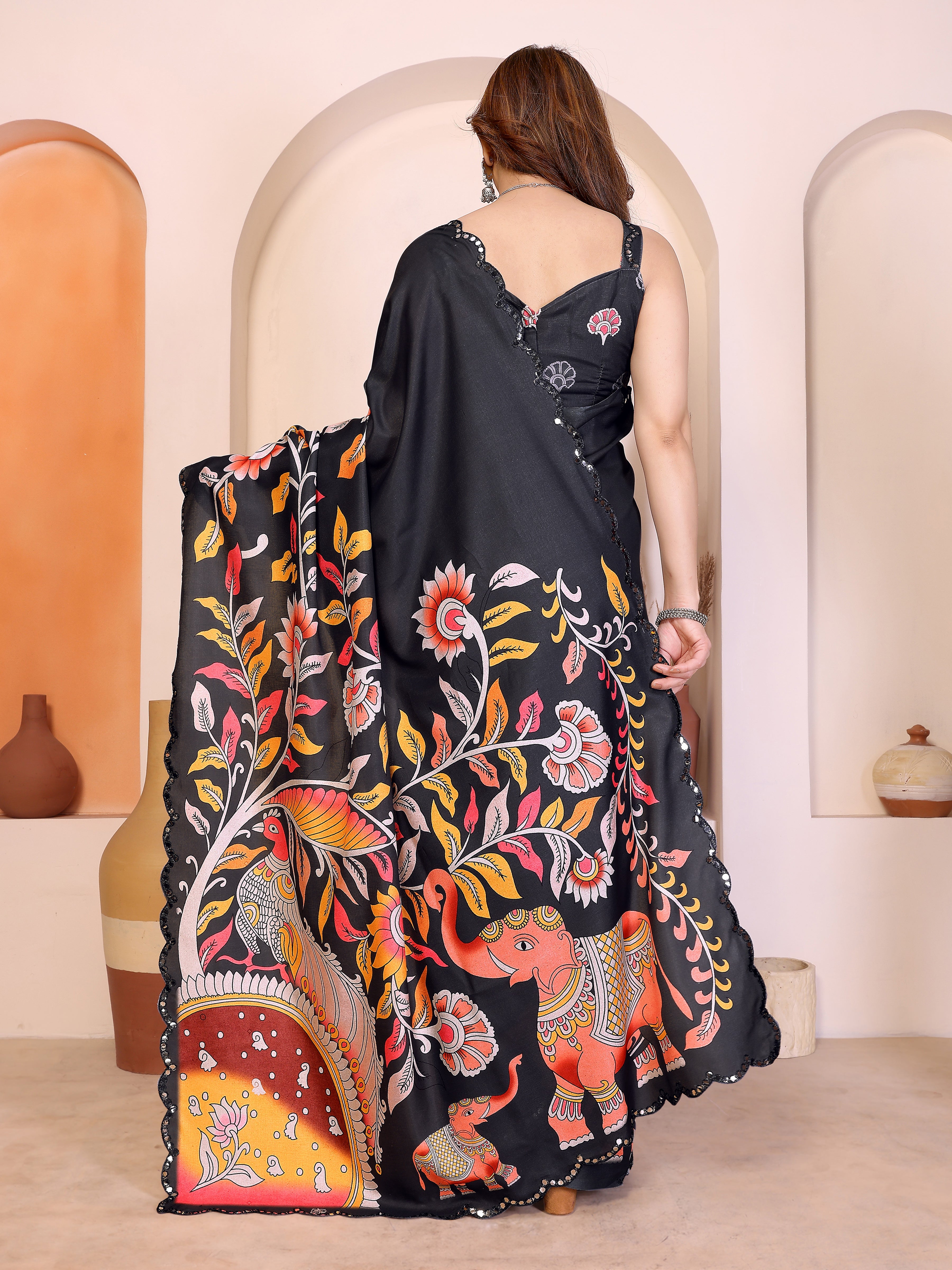 Black Kalamkari Printed Saree