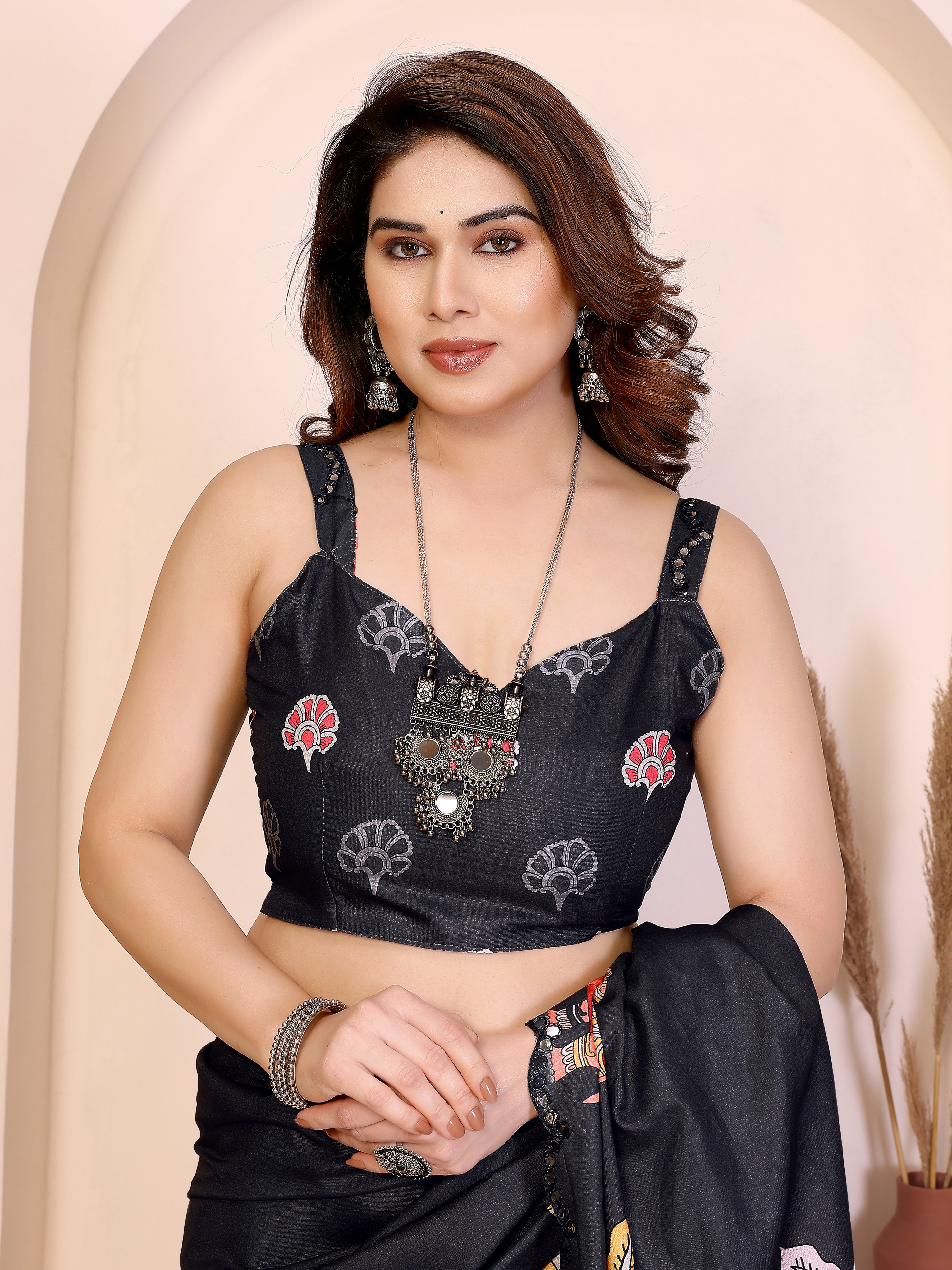 Black Kalamkari Printed Saree