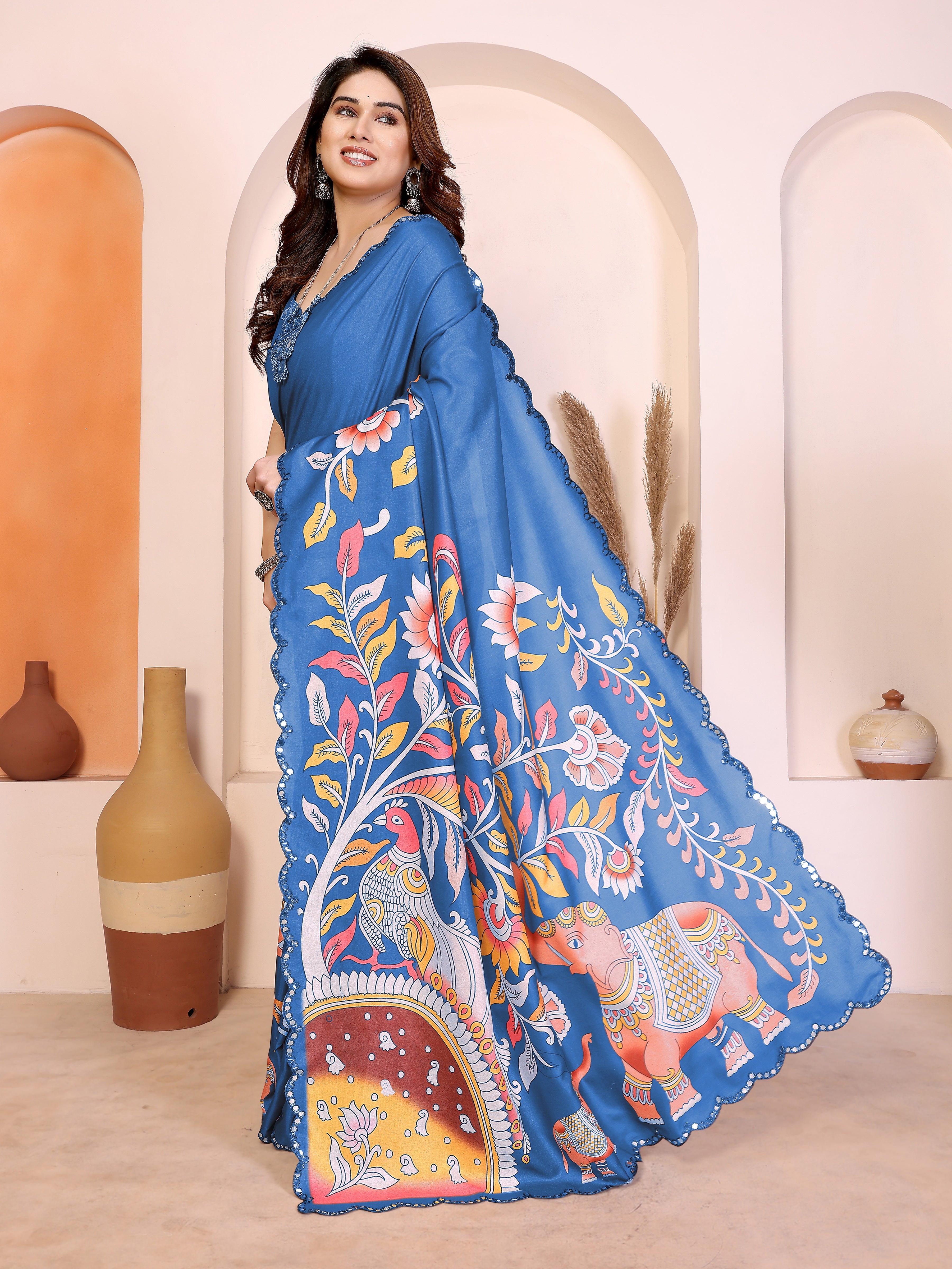 Blue Kalamkari Printed Saree