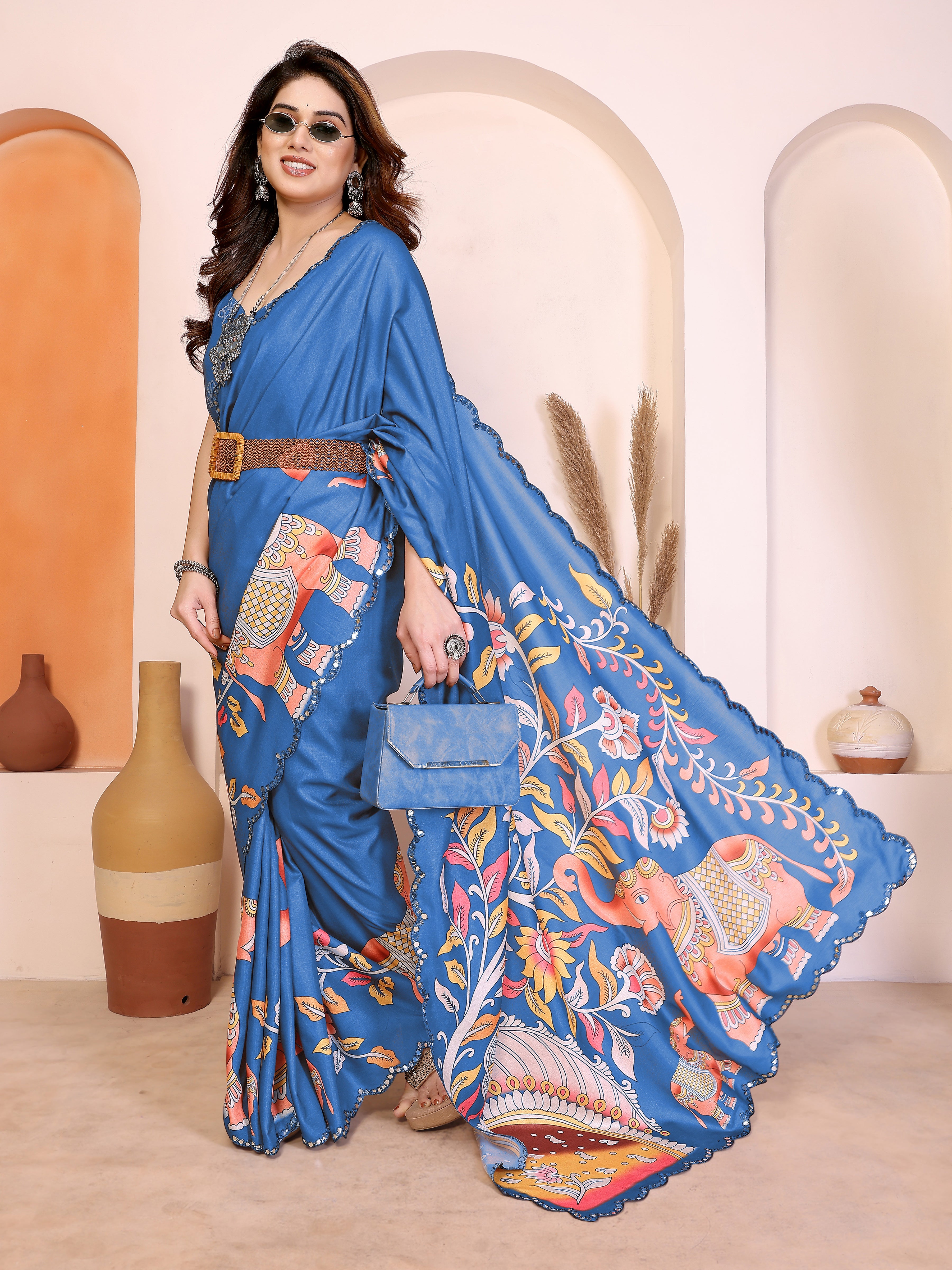 Blue Kalamkari Printed Saree
