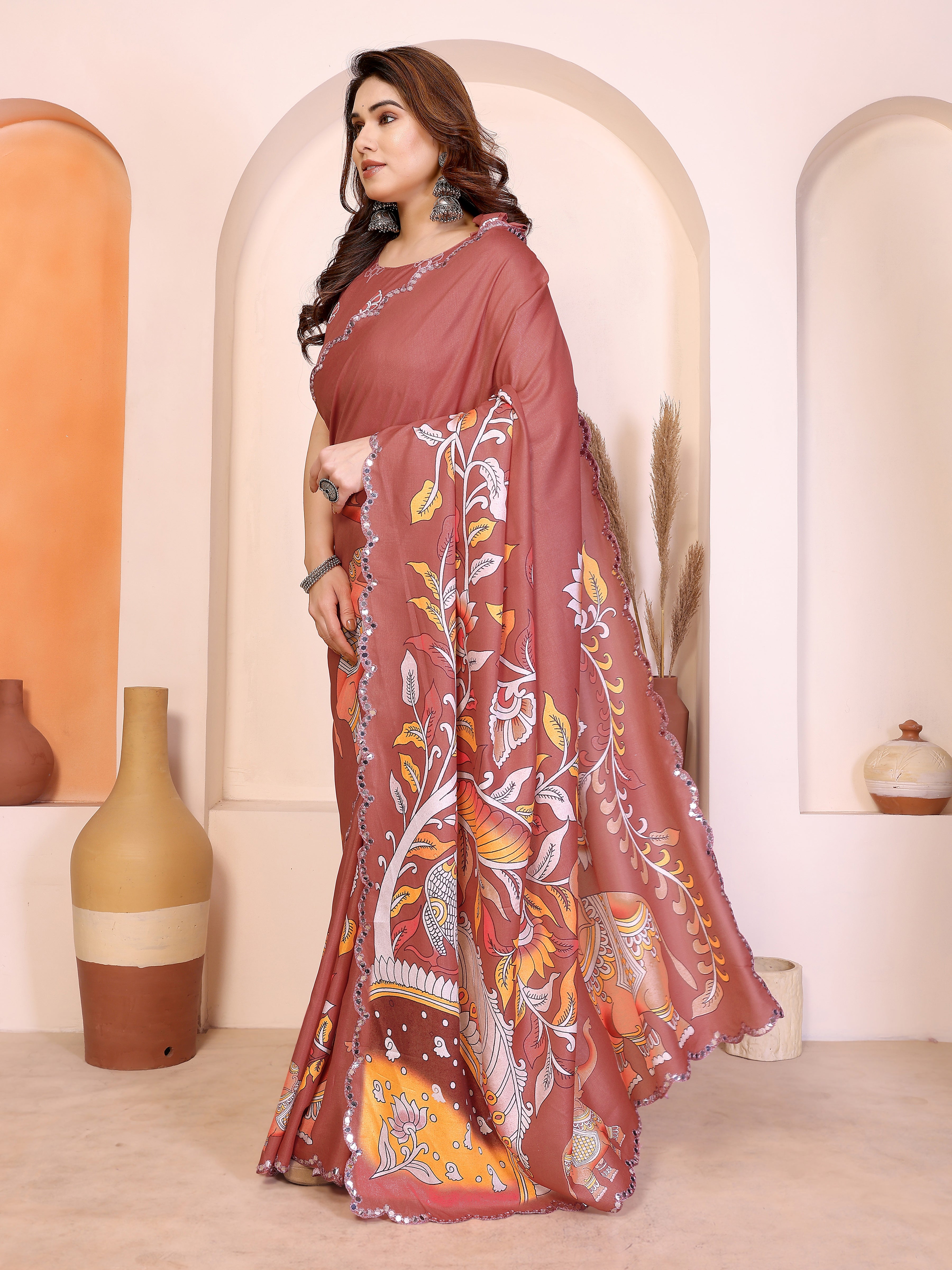 Rust Kalamkari Printed Saree