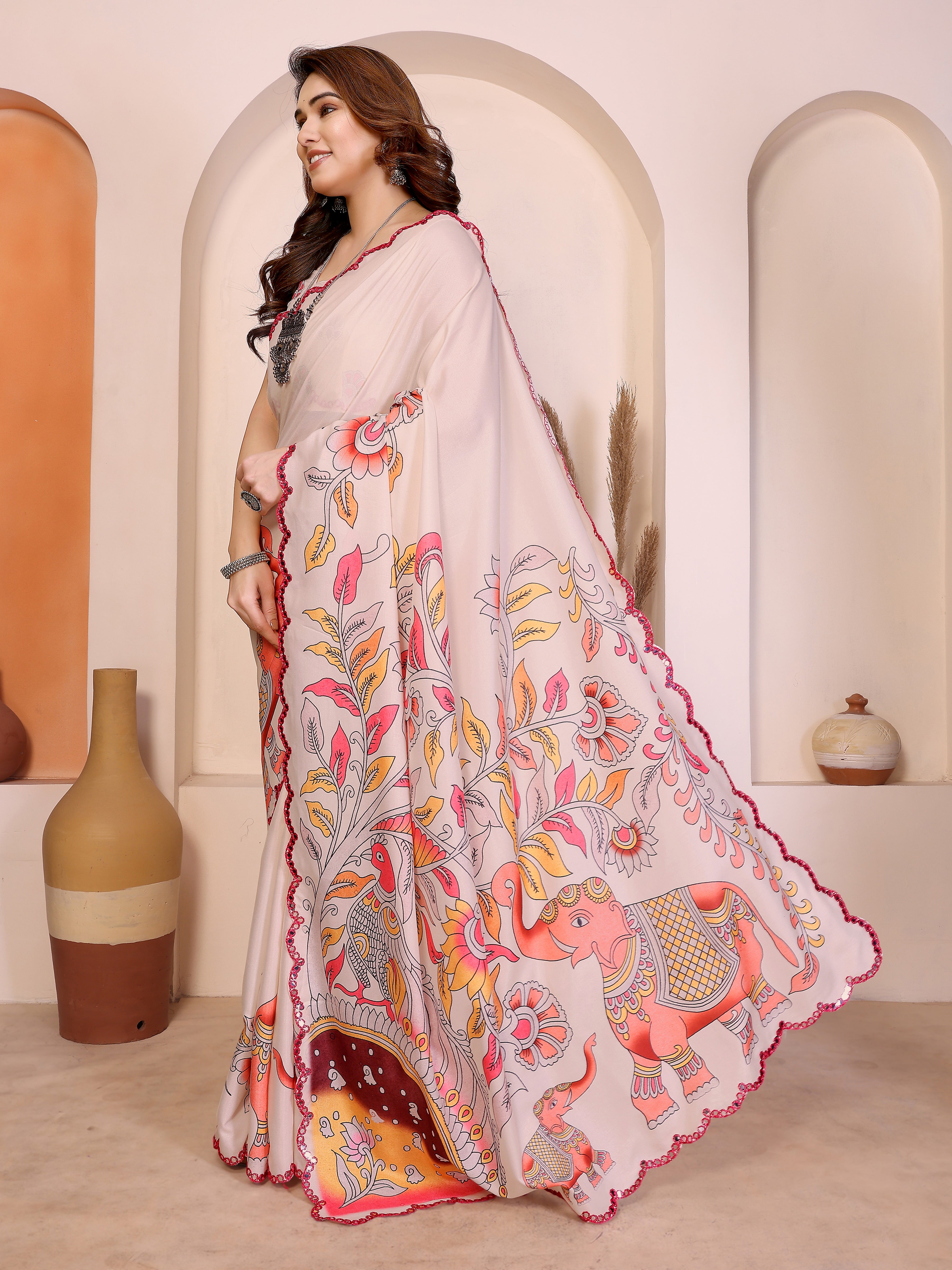 Cream Kalamkari Printed Saree