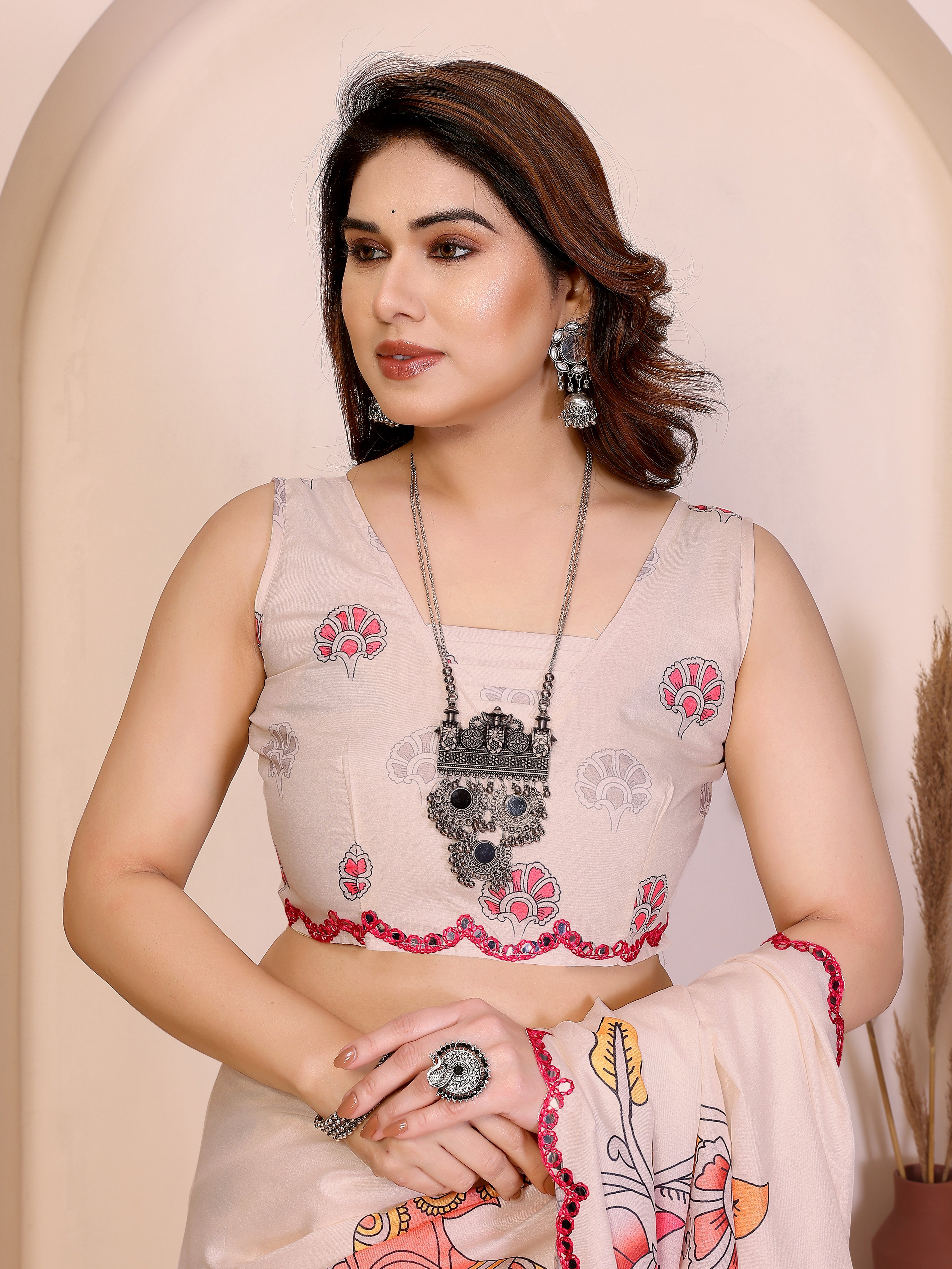 Cream Kalamkari Printed Saree
