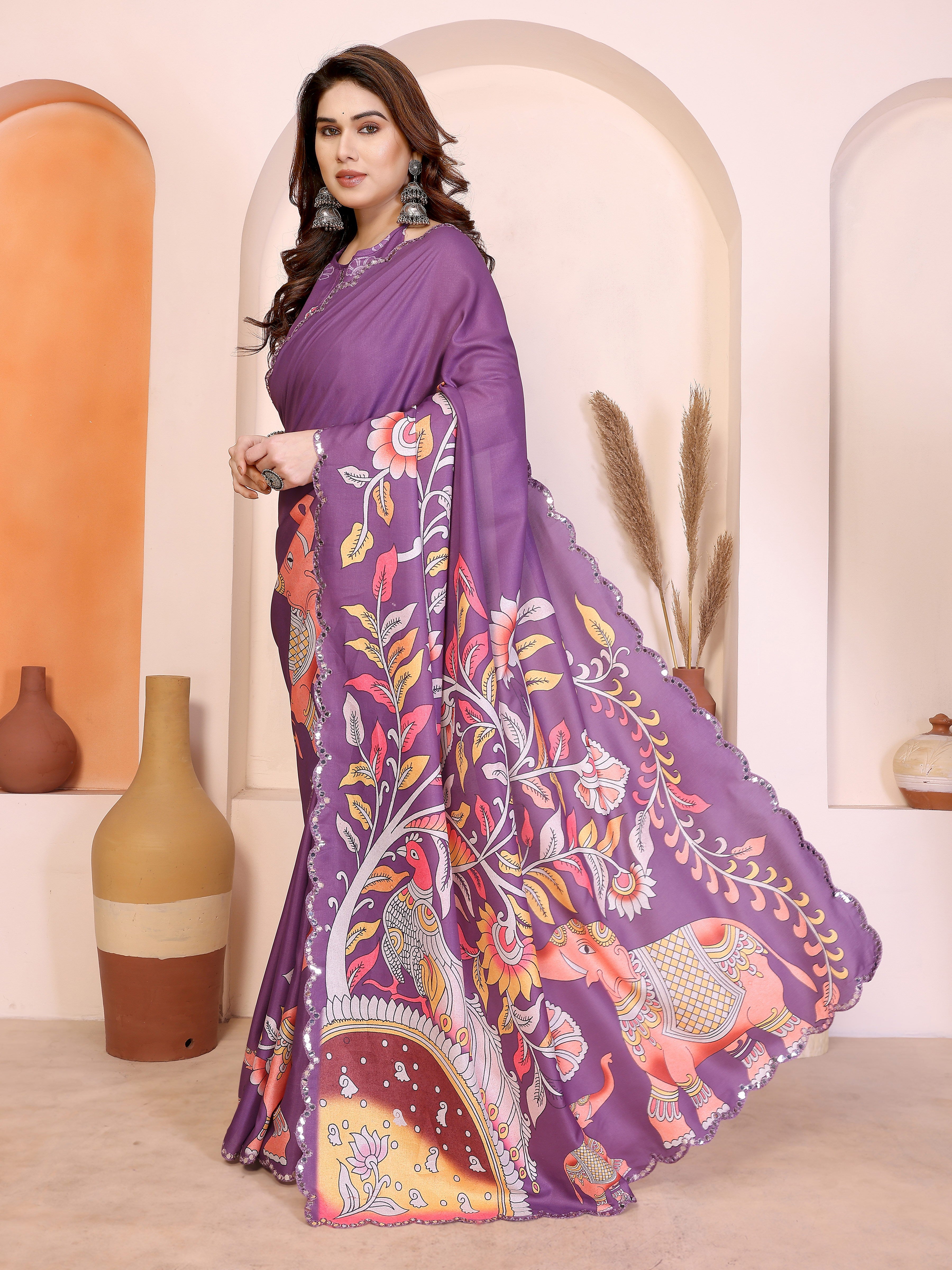 Dark Purple Kalamkari Printed Saree