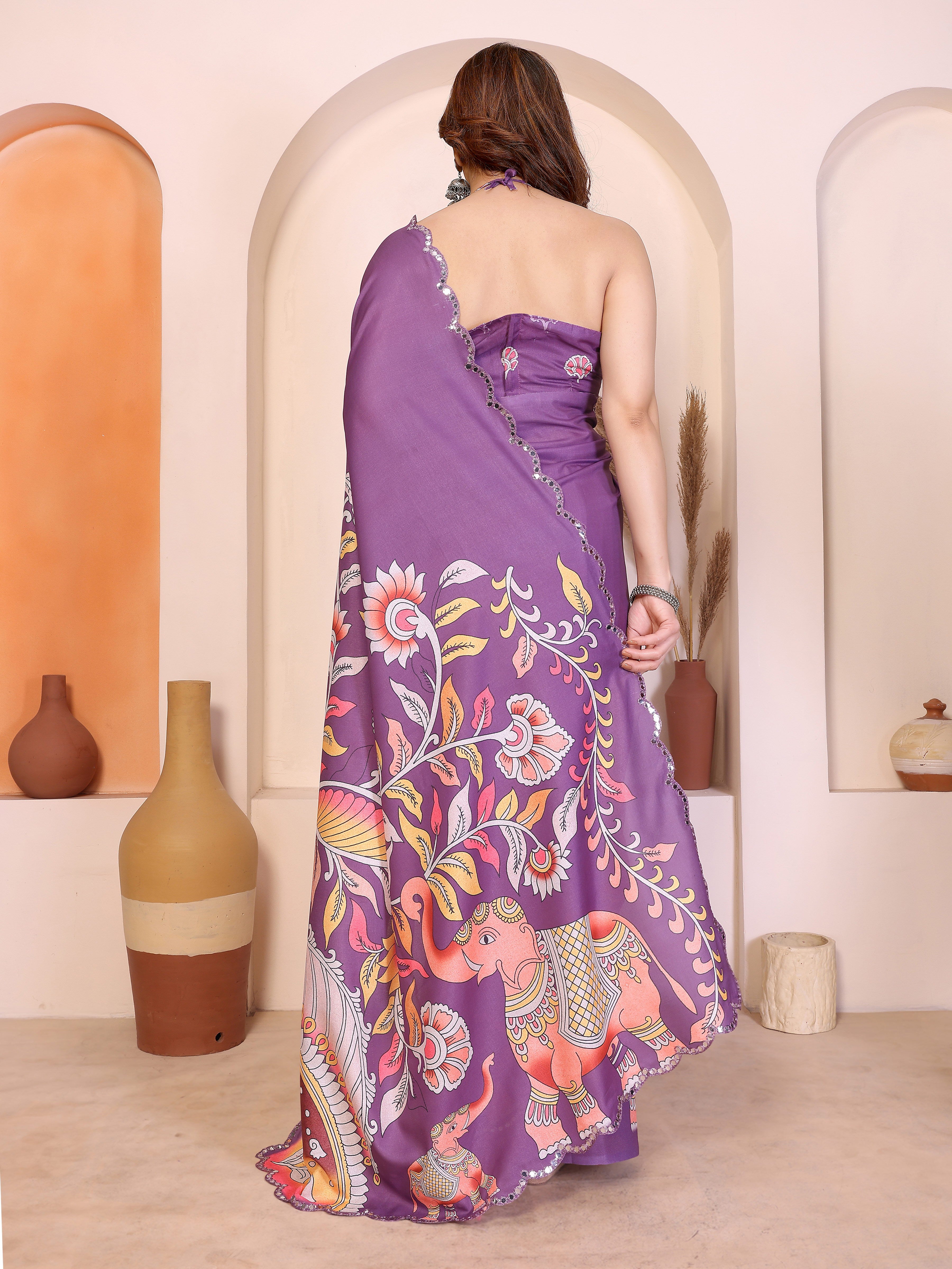 Dark Purple Kalamkari Printed Saree
