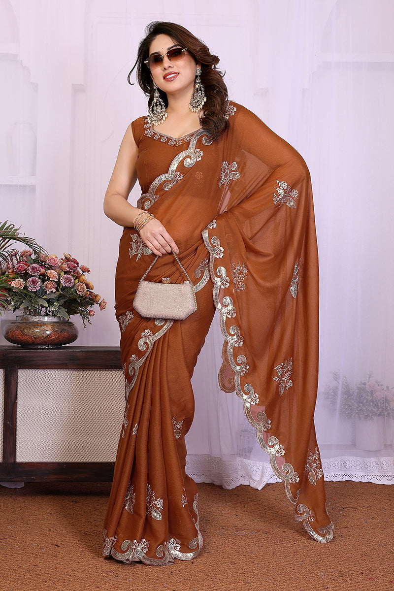 Brown Star Georgette Embroidered Saree