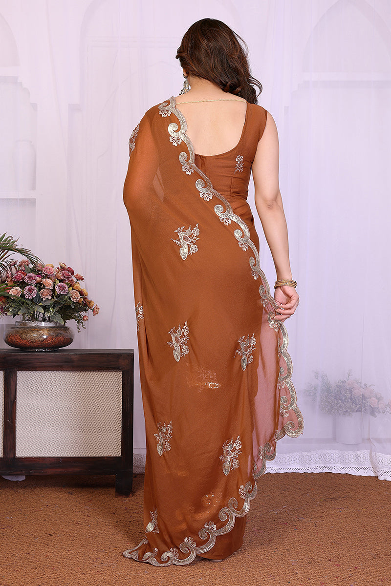 Brown Star Georgette Embroidered Saree