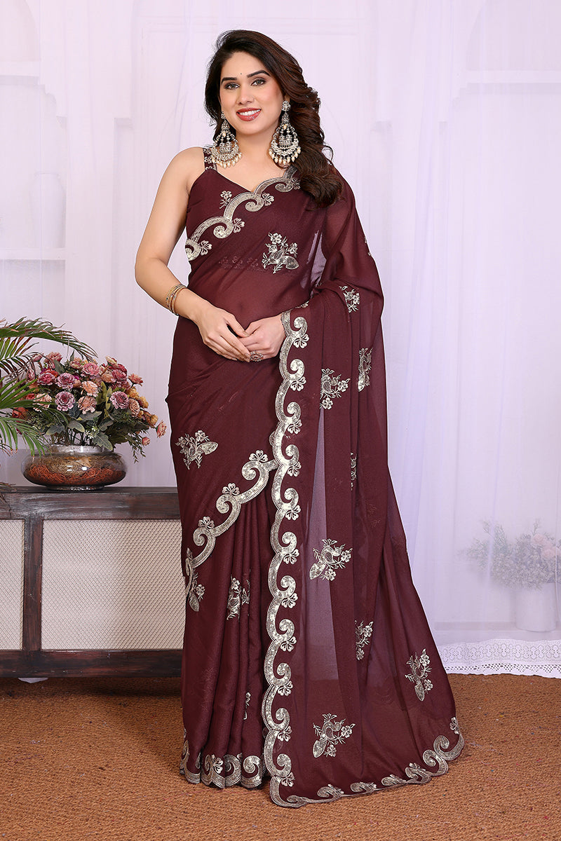 Purple Star Georgette Embroidered Saree