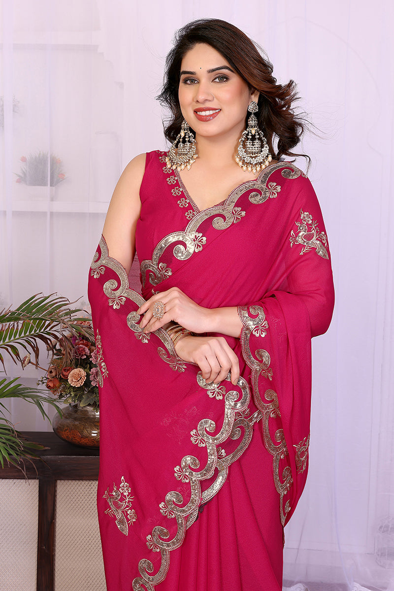 Pink Star Georgette Embroidered Saree